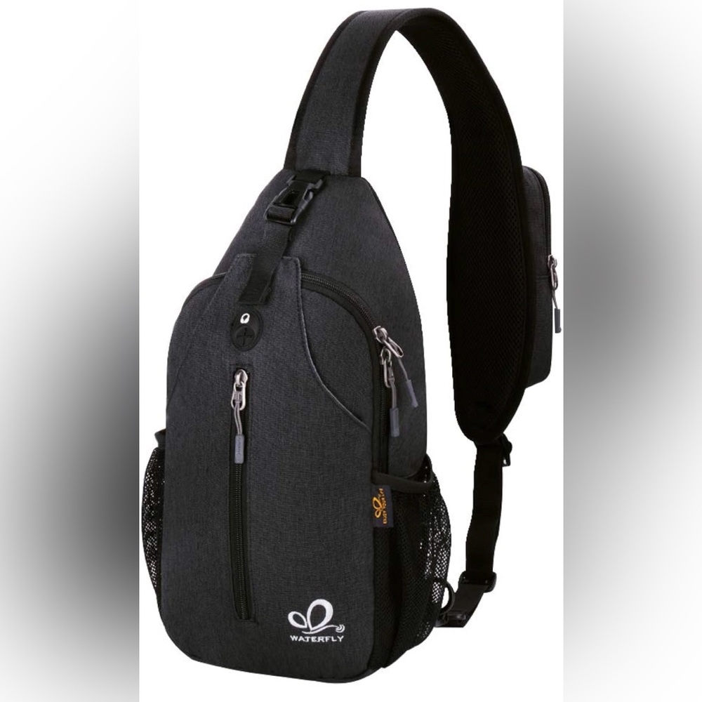 WATERFLY Black Sling Backpack Crossbody Travel Hiking Chest Bag